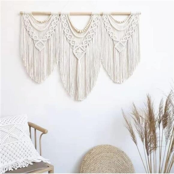NEW Anthro Large Boho Tapestry Cotton Macrame Woven Beaded Wood Wall Hanging 43" - Picture 1 of 9